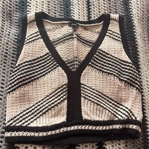 Express Black & Cream Striped V‑Neck Knit Crop Tank Top